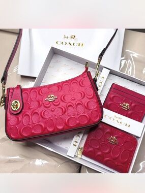 COACH Signature Pebbled Leather Crossbody Bag in Red Set